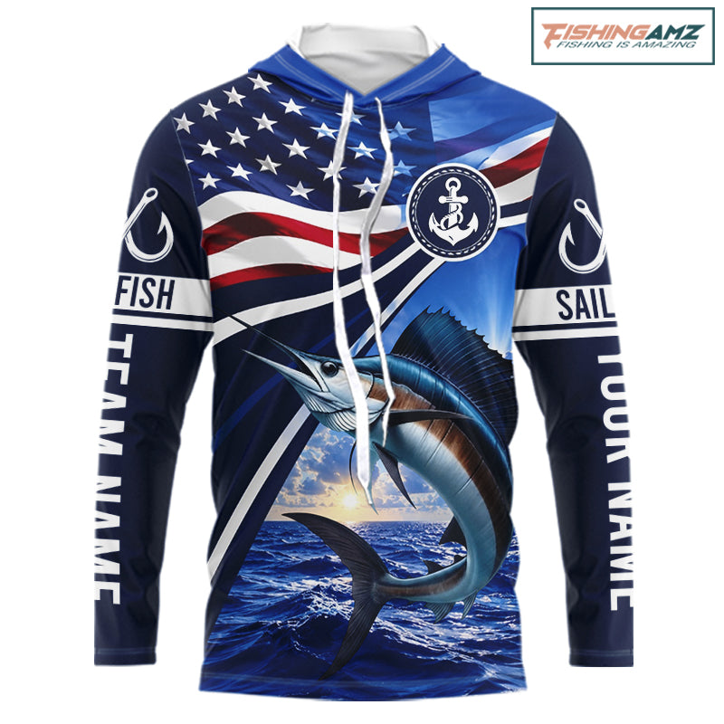 American Flag Sailfish Fishing Long Sleeve Hooded Saltwater Fishing Shirts, Custom Sailfish Fishing Jerseys NBT1026