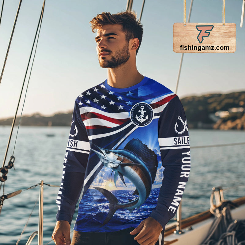 American Flag Sailfish Fishing Long Sleeve Saltwater Fishing Shirts, Custom Sailfish Fishing Jerseys NBT1026
