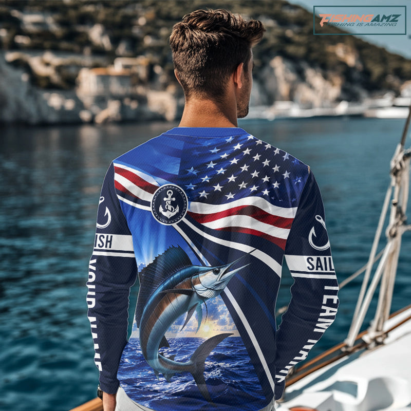 American Flag Sailfish Fishing Long Sleeve Saltwater Fishing Shirts, Custom Sailfish Fishing Jerseys NBT1026