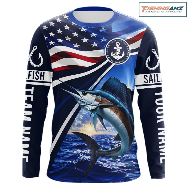 American Flag Sailfish Fishing Long Sleeve Saltwater Fishing Shirts, Custom Sailfish Fishing Jerseys NBT1026