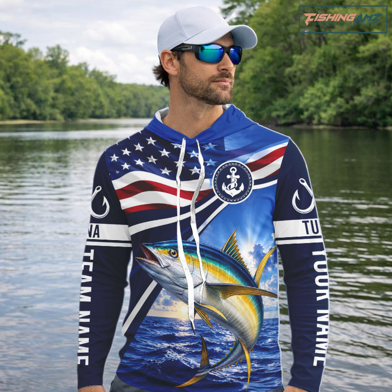 American Flag Yellowfin Tuna Fishing Long Sleeve Hooded Saltwater Fishing Shirts, Custom Tuna Fishing Jerseys NBT1027