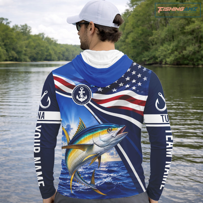 American Flag Yellowfin Tuna Fishing Long Sleeve Hooded Saltwater Fishing Shirts, Custom Tuna Fishing Jerseys NBT1027