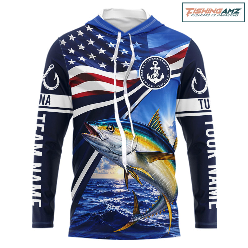 American Flag Yellowfin Tuna Fishing Long Sleeve Hooded Saltwater Fishing Shirts, Custom Tuna Fishing Jerseys NBT1027
