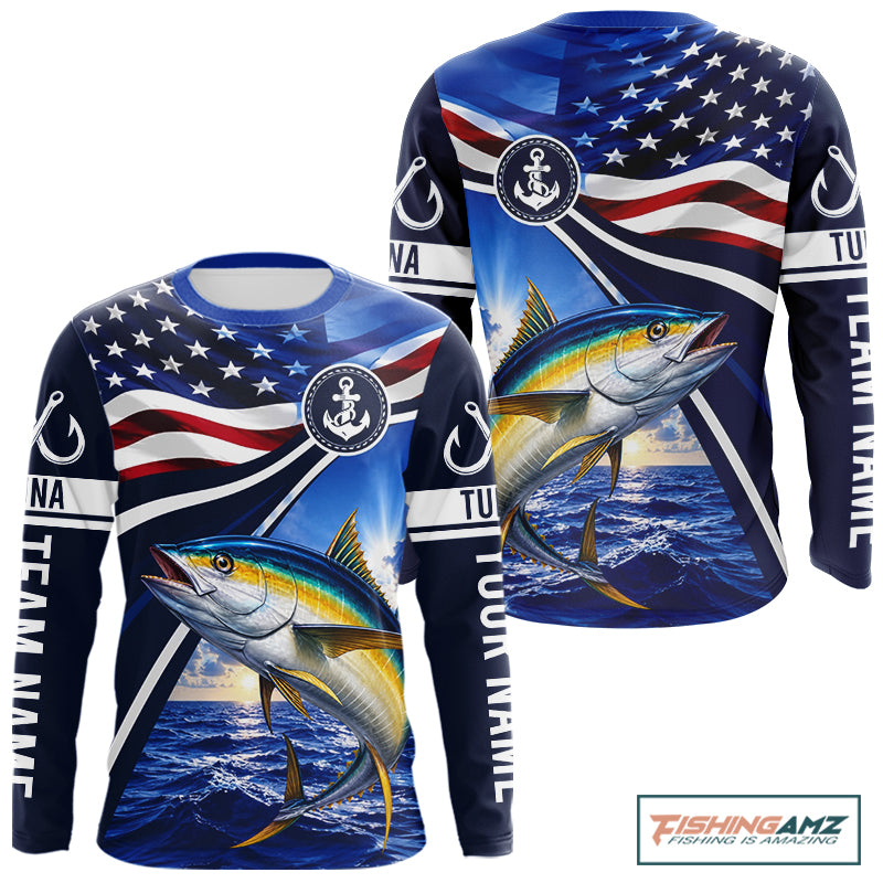 American Flag Yellowfin Tuna Fishing Long Sleeve Saltwater Fishing Shirts, Custom Tuna Fishing Jerseys NBT1027