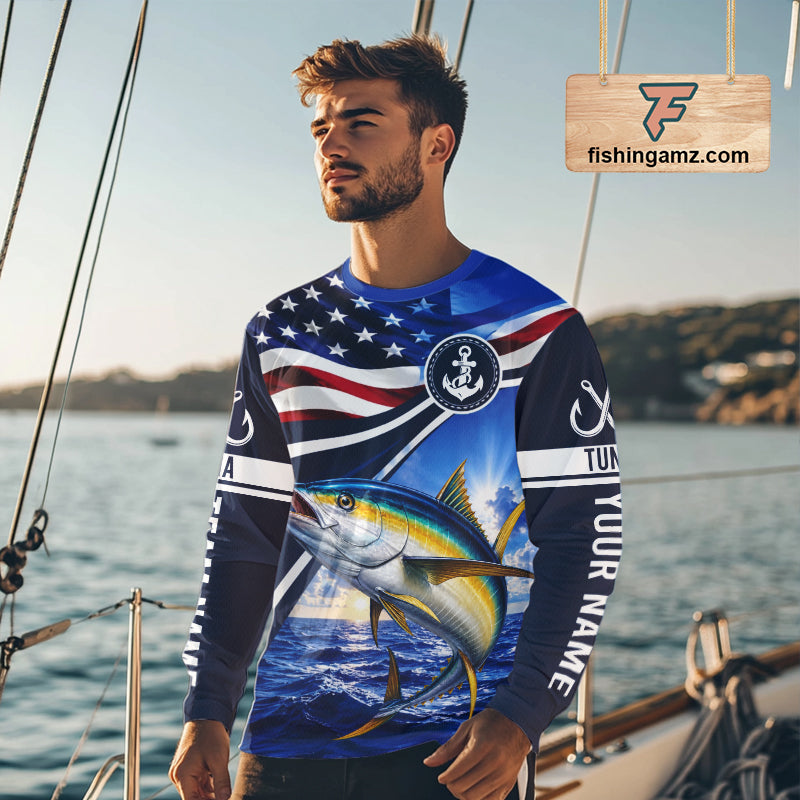 American Flag Yellowfin Tuna Fishing Long Sleeve Saltwater Fishing Shirts, Custom Tuna Fishing Jerseys NBT1027