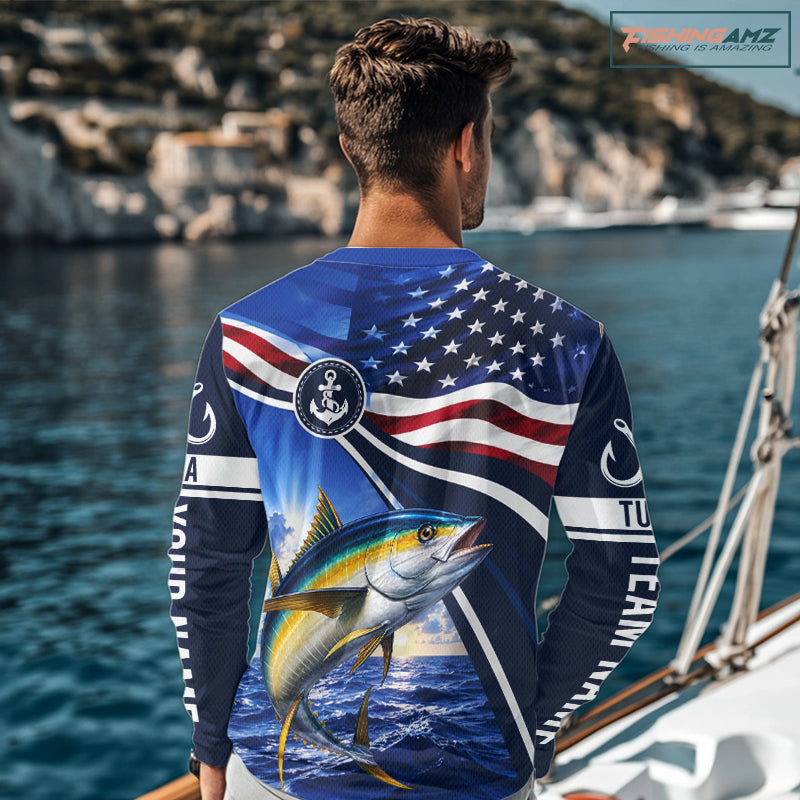 American Flag Yellowfin Tuna Fishing Long Sleeve Saltwater Fishing Shirts, Custom Tuna Fishing Jerseys NBT1027