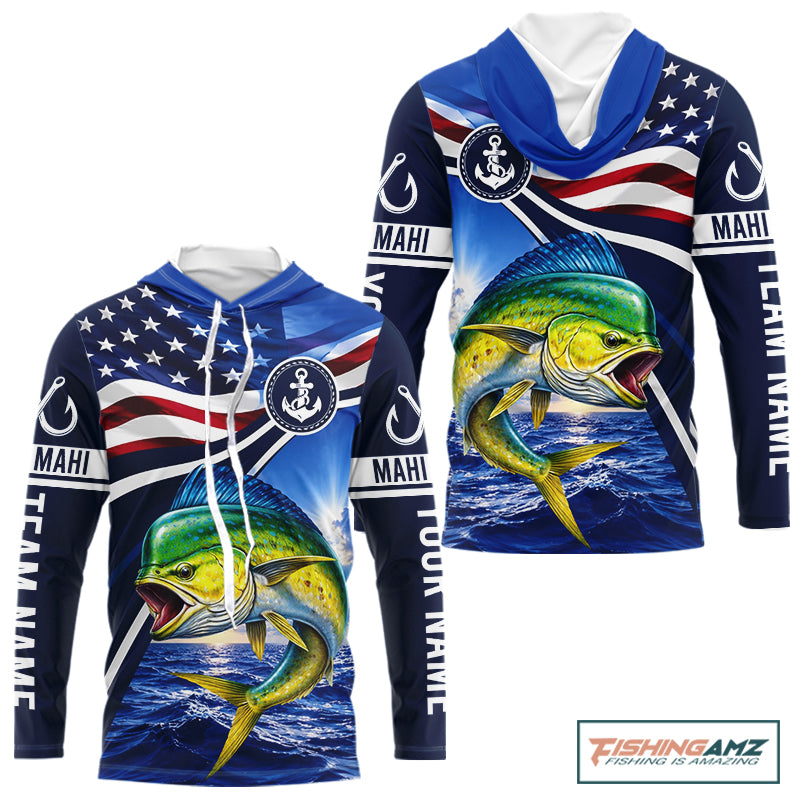 American Flag Mahi Mahi Fishing Long Sleeve Hooded Saltwater Fishing Shirts, Custom Mahi Mahi Fishing Jerseys NBT1028