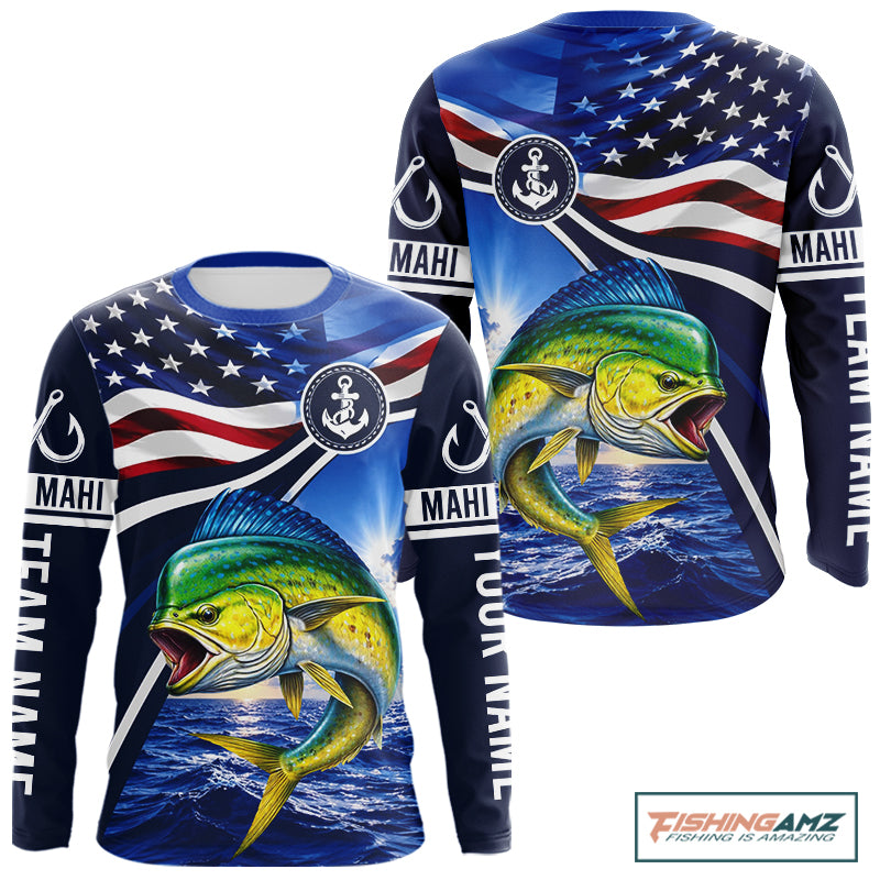 American Flag Mahi Mahi Fishing Long Sleeve Saltwater Fishing Shirts, Custom Mahi Mahi Fishing Jerseys NBT1028
