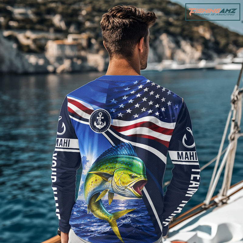 American Flag Mahi Mahi Fishing Long Sleeve Saltwater Fishing Shirts, Custom Mahi Mahi Fishing Jerseys NBT1028