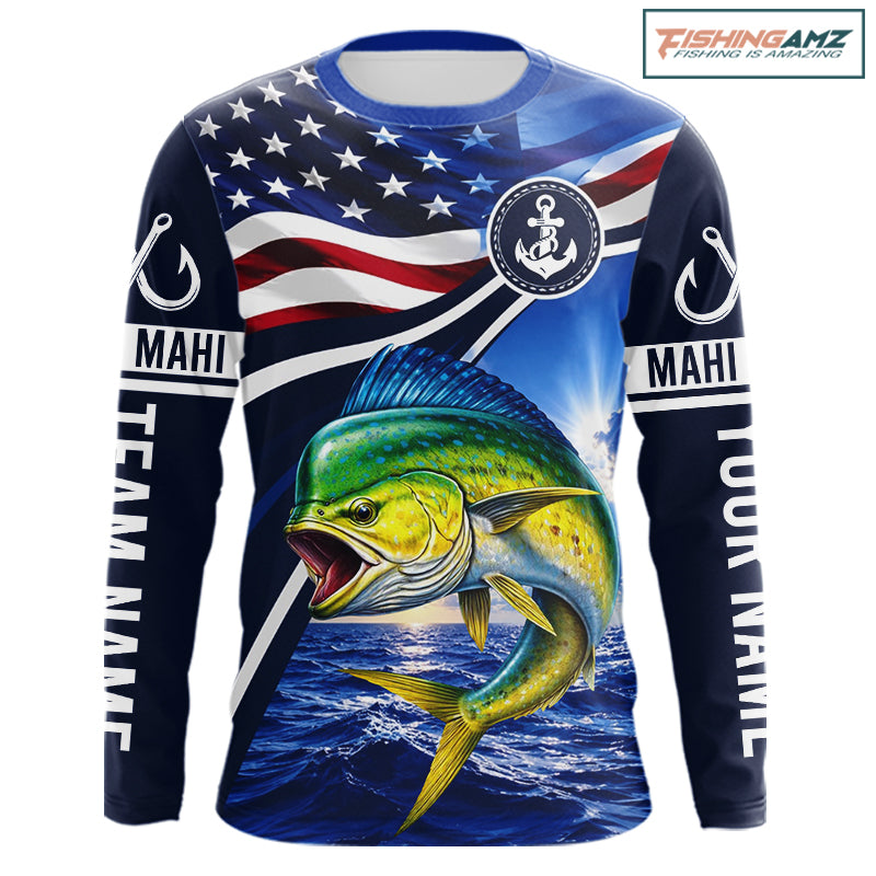 American Flag Mahi Mahi Fishing Long Sleeve Saltwater Fishing Shirts, Custom Mahi Mahi Fishing Jerseys NBT1028