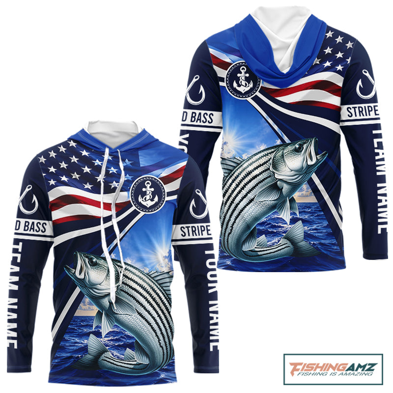 American Flag Striped Bass Fishing Long Sleeve Hooded Fishing Shirts Saltwater , Custom Striped Bass Fishing Jerseys NBT1029