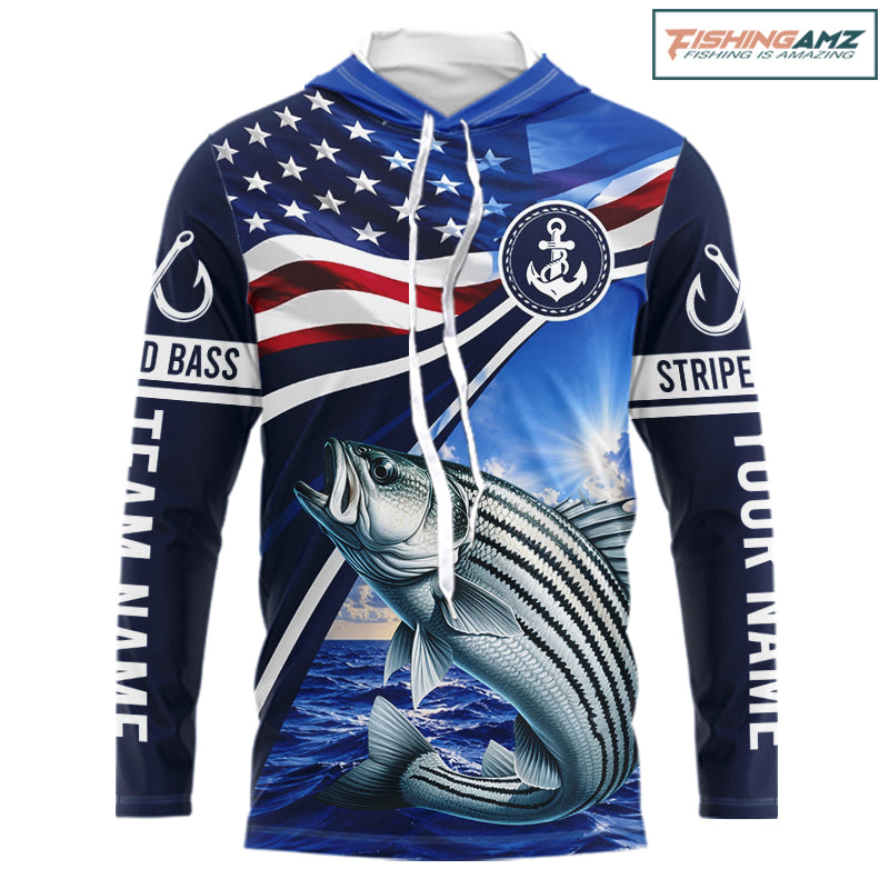 American Flag Striped Bass Fishing Long Sleeve Hooded Fishing Shirts Saltwater , Custom Striped Bass Fishing Jerseys NBT1029