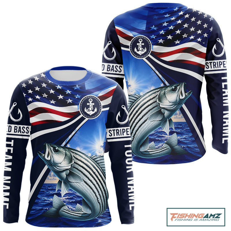 American Flag Striped Bass Fishing Long Sleeve Fishing Shirts Saltwater , Custom Striped Bass Fishing Jerseys NBT1029