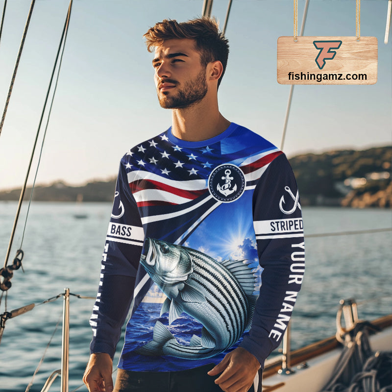 American Flag Striped Bass Fishing Long Sleeve Fishing Shirts Saltwater , Custom Striped Bass Fishing Jerseys NBT1029