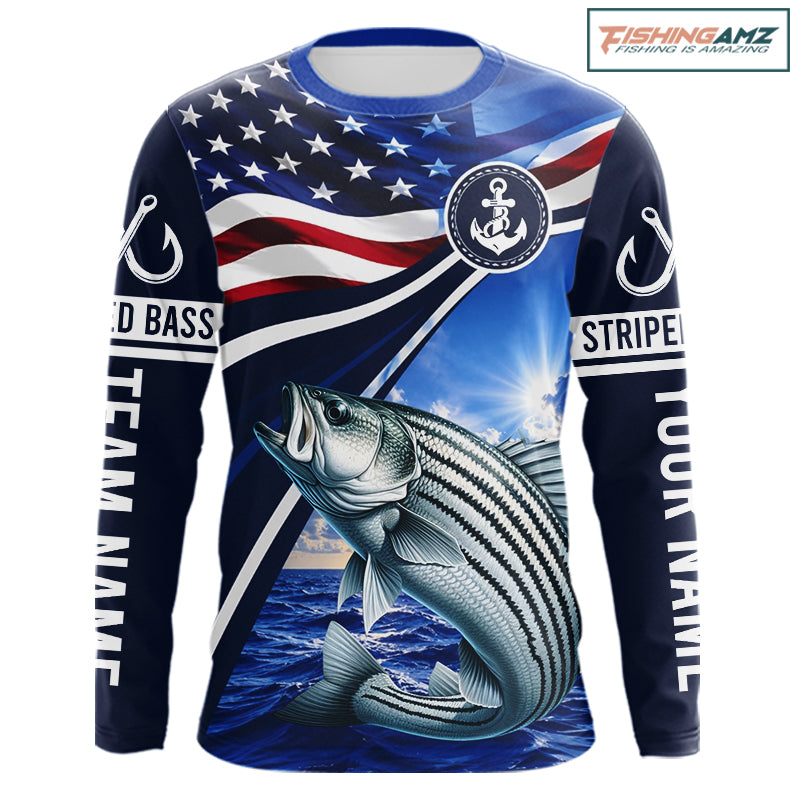 American Flag Striped Bass Fishing Long Sleeve Fishing Shirts Saltwater , Custom Striped Bass Fishing Jerseys NBT1029