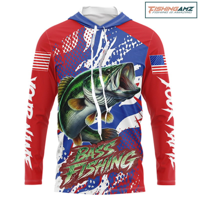 Bass Fishing American Flag Long Sleeve Hooded Fishing Shirts, Bass Fishing Shirts For Men, UPF Fishing Shirts NBT436