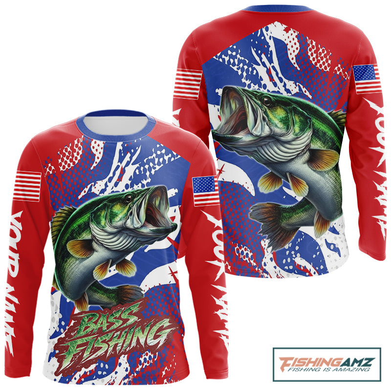 Bass Fishing American Flag Fishing Shirts Long Sleeve, Bass Fishing Shirts For Men, UPF Fishing Shirts NBT436