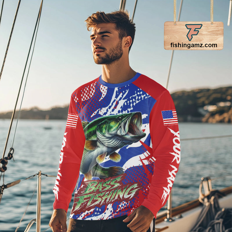Bass Fishing American Flag Fishing Shirts Long Sleeve, Bass Fishing Shirts For Men, UPF Fishing Shirts NBT436