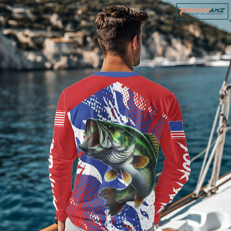 Bass Fishing American Flag Fishing Shirts Long Sleeve, Bass Fishing Shirts For Men, UPF Fishing Shirts NBT436
