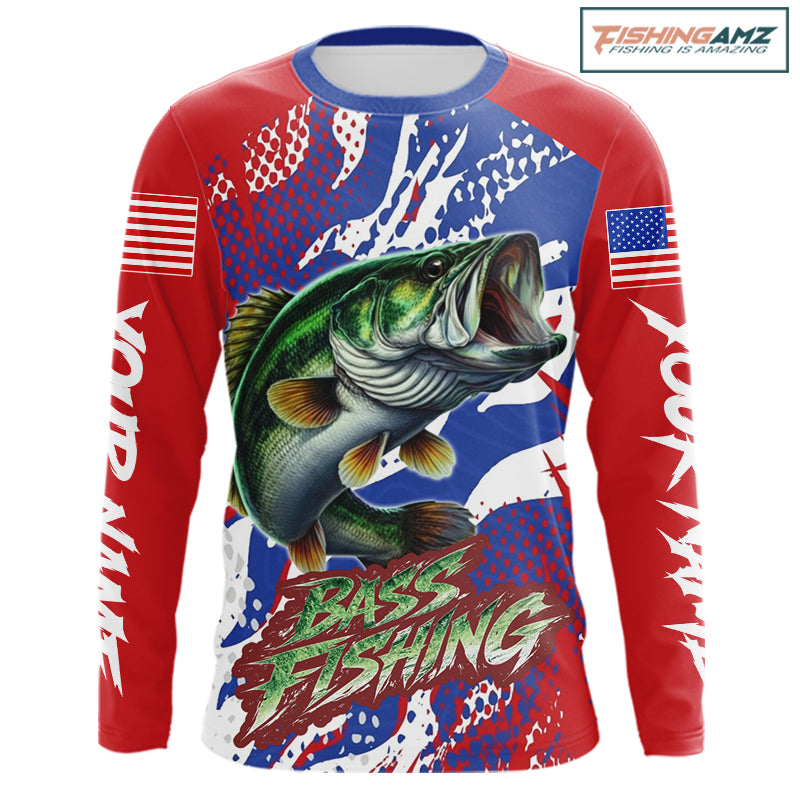 Bass Fishing American Flag Fishing Shirts Long Sleeve, Bass Fishing Shirts For Men, UPF Fishing Shirts NBT436
