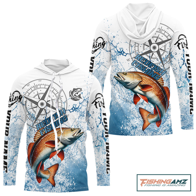 Custom Redfish Long Sleeve Hooded Fishing Shirts Saltwater Fish, Compass Offshore Tournament Fishing Shirts NBT551