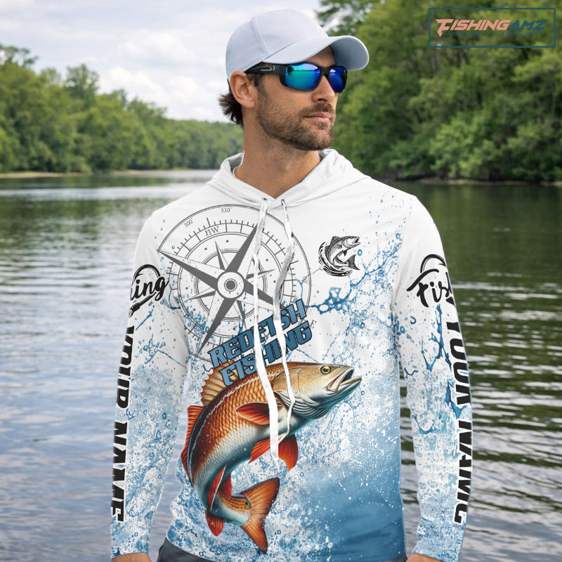 Custom Redfish Long Sleeve Hooded Fishing Shirts Saltwater Fish, Compass Offshore Tournament Fishing Shirts NBT551