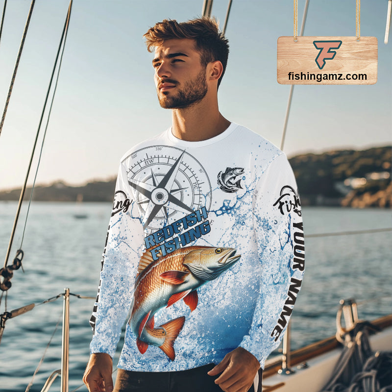 Custom Redfish Long Sleeve Fishing Shirts Saltwater Fish, Compass Offshore Tournament Fishing Shirts NBT551