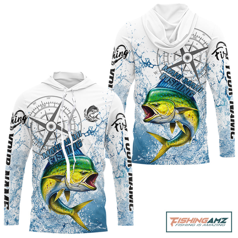 Custom Mahi Mahi Long Sleeve Hooded Fishing Shirts Saltwater Fish, Compass Offshore Tournament Fishing Shirts NBT552