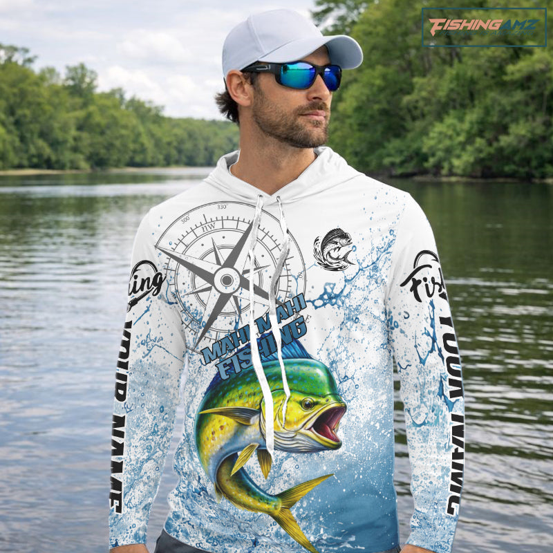 Custom Mahi Mahi Long Sleeve Hooded Fishing Shirts Saltwater Fish, Compass Offshore Tournament Fishing Shirts NBT552