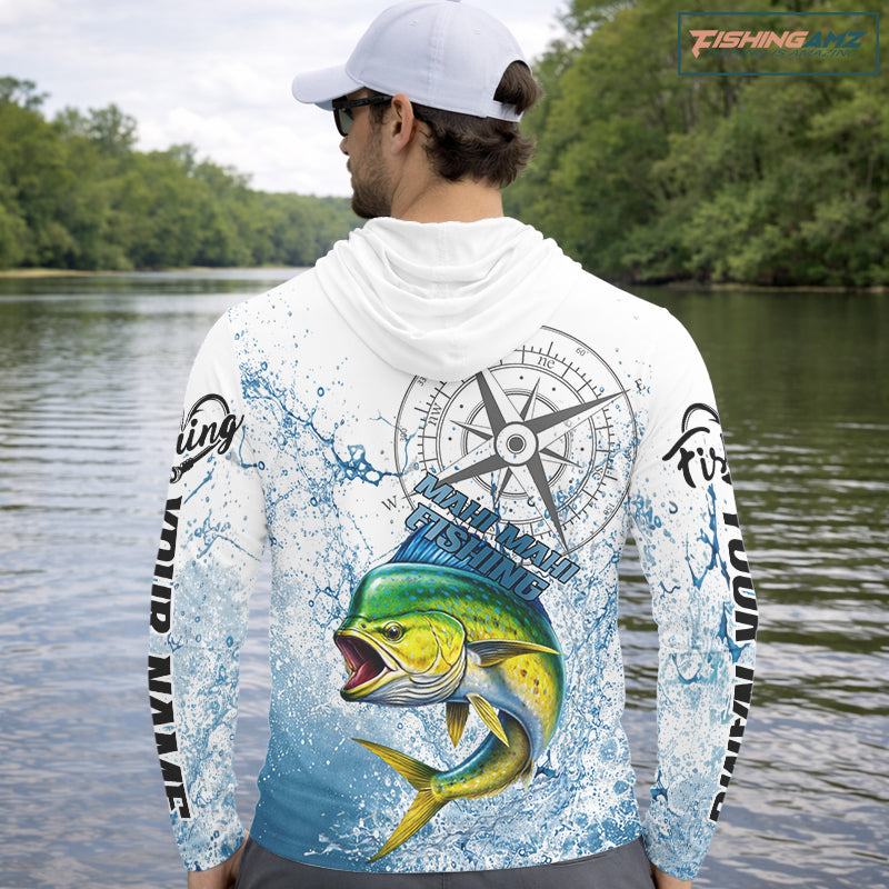 Custom Mahi Mahi Long Sleeve Hooded Fishing Shirts Saltwater Fish, Compass Offshore Tournament Fishing Shirts NBT552