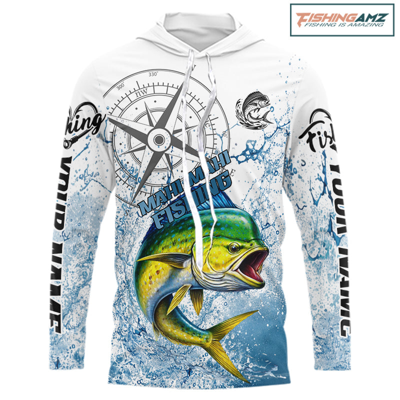 Custom Mahi Mahi Long Sleeve Hooded Fishing Shirts Saltwater Fish, Compass Offshore Tournament Fishing Shirts NBT552