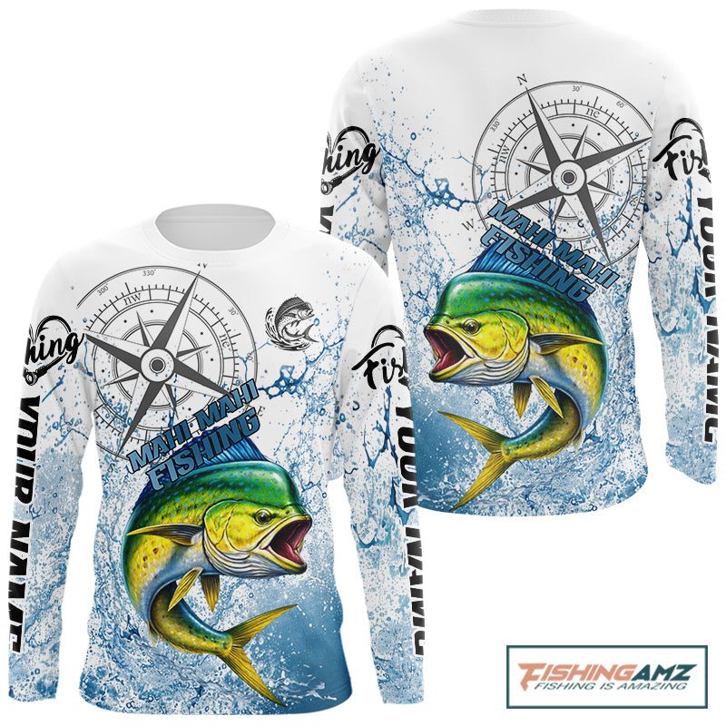 Custom Mahi Mahi Long Sleeve Fishing Shirts Saltwater Fish, Compass Offshore Tournament Fishing Shirts NBT552