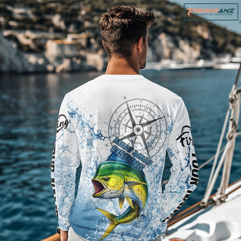Custom Mahi Mahi Long Sleeve Fishing Shirts Saltwater Fish, Compass Offshore Tournament Fishing Shirts NBT552