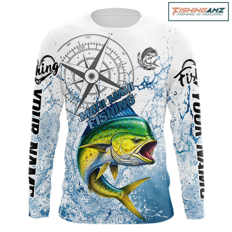 Custom Mahi Mahi Long Sleeve Fishing Shirts Saltwater Fish, Compass Offshore Tournament Fishing Shirts NBT552