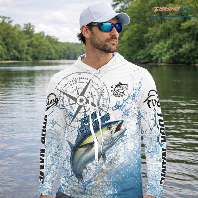 Custom Yellowfin Tuna Long Sleeve Hooded Fishing Shirts Saltwater Fish, Compass Offshore Tournament Fishing Shirts NBT553