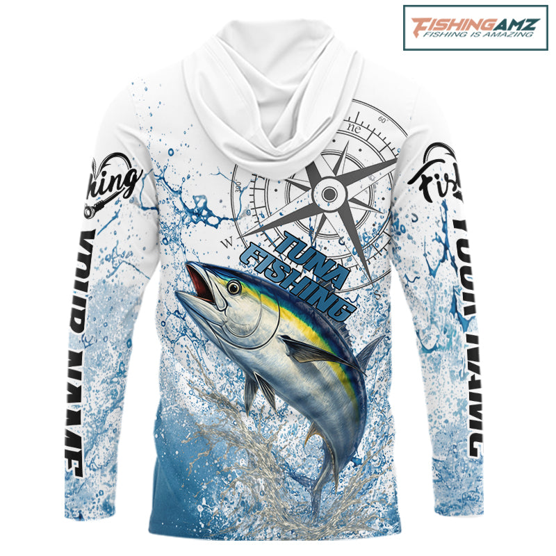 Custom Yellowfin Tuna Long Sleeve Hooded Fishing Shirts Saltwater Fish, Compass Offshore Tournament Fishing Shirts NBT553