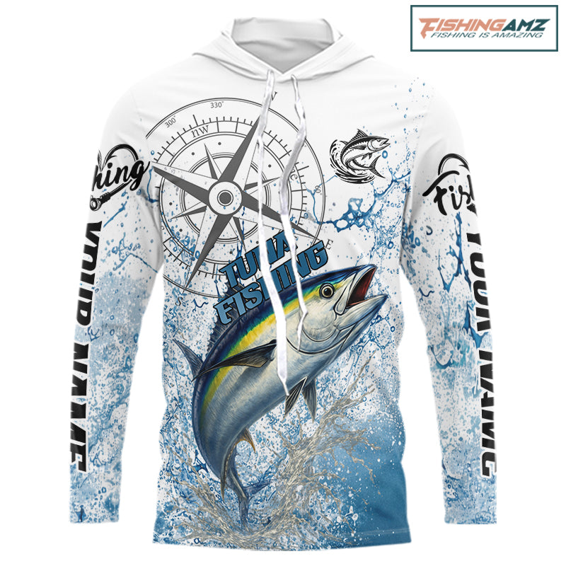 Custom Yellowfin Tuna Long Sleeve Hooded Fishing Shirts Saltwater Fish, Compass Offshore Tournament Fishing Shirts NBT553