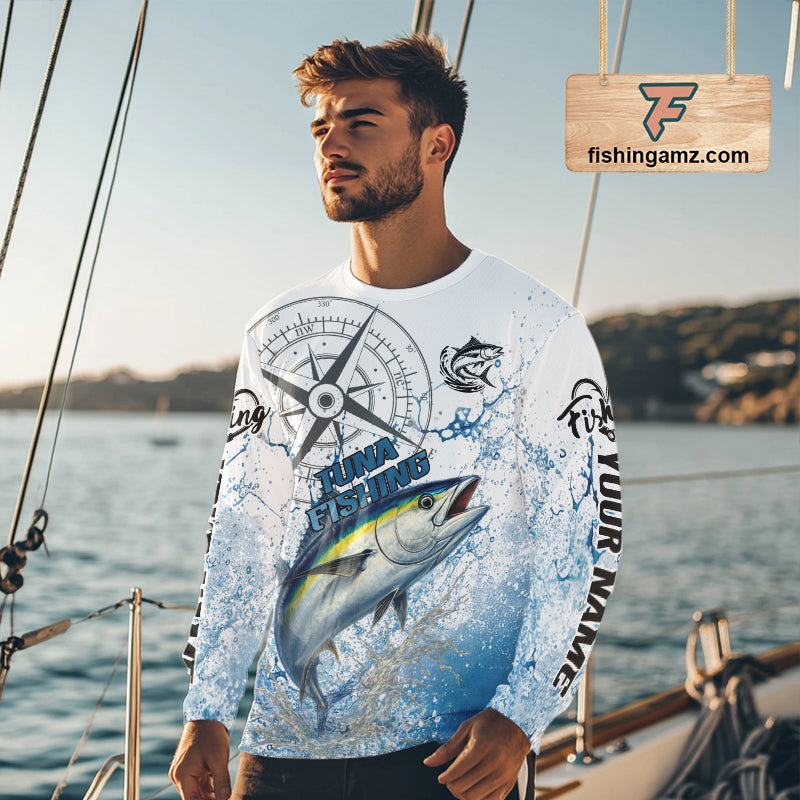 Custom Yellowfin Tuna Long Sleeve Fishing Shirts Saltwater Fish, Compass Offshore Tournament Fishing Shirts NBT553