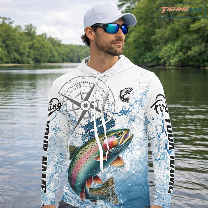 Custom Rainbow Trout Long Sleeve Hooded Fishing Shirts, Compass Tournament Fishing Shirts For Men NBT554