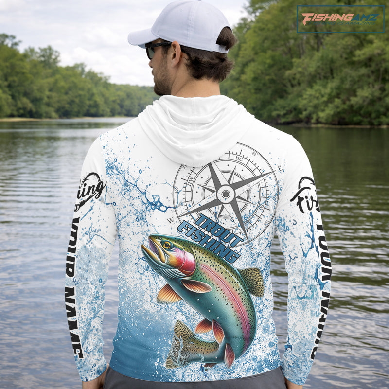Custom Rainbow Trout Long Sleeve Hooded Fishing Shirts, Compass Tournament Fishing Shirts For Men NBT554
