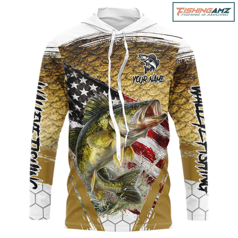 American Flag Walleye Long Sleeve Hooded Fishing Shirts Fish Scale, Custom Patriotric Walleye Fishing Shirts NBT394