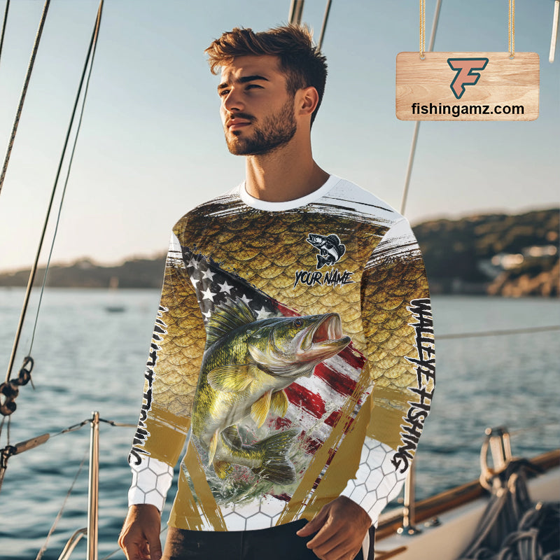American Flag Walleye Fishing Shirts Long Sleeve Fish Scale, Custom Patriotric Walleye Fishing Shirts NBT394