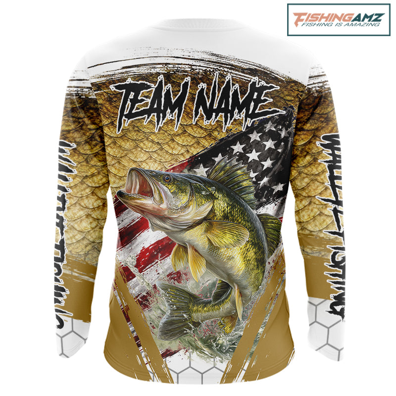 American Flag Walleye Fishing Shirts Long Sleeve Fish Scale, Custom Patriotric Walleye Fishing Shirts NBT394