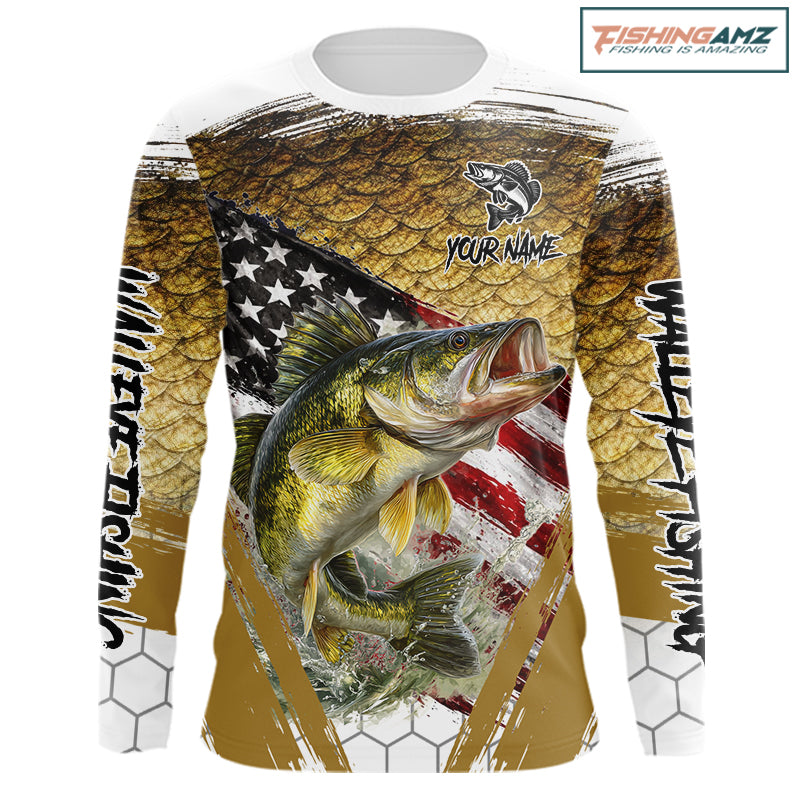 American Flag Walleye Fishing Shirts Long Sleeve Fish Scale, Custom Patriotric Walleye Fishing Shirts NBT394