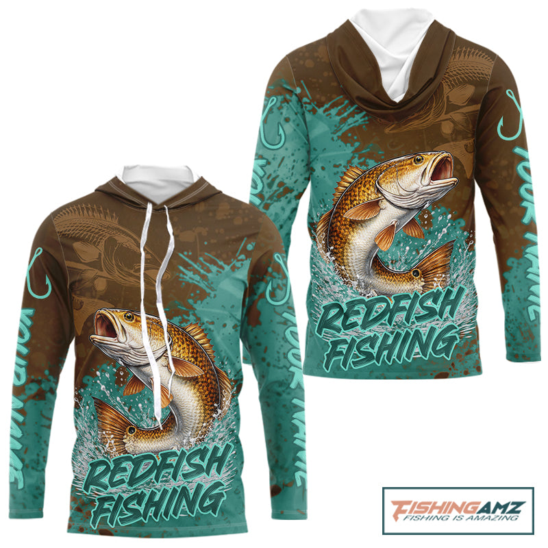 Personalized Redfish Long Sleeve Hooded Fishing Shirts Brown Turquoise Camo, Redfish Fishing Shirts For Men NBT396