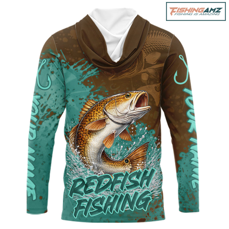 Personalized Redfish Long Sleeve Hooded Fishing Shirts Brown Turquoise Camo, Redfish Fishing Shirts For Men NBT396