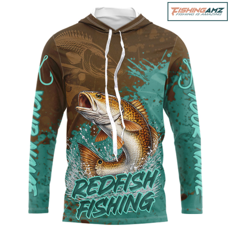 Personalized Redfish Long Sleeve Hooded Fishing Shirts Brown Turquoise Camo, Redfish Fishing Shirts For Men NBT396