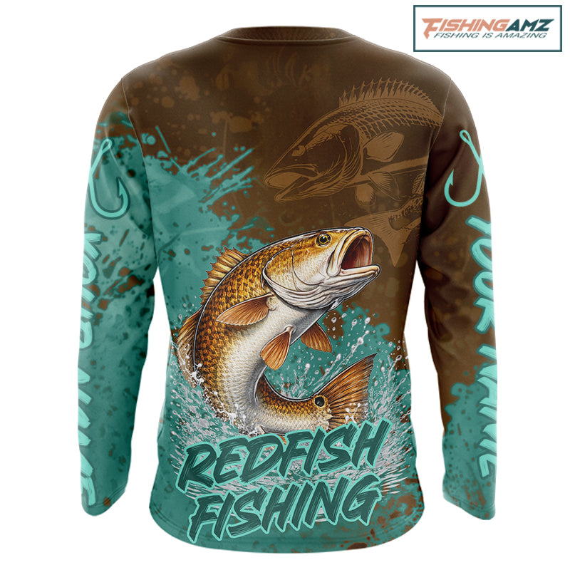 Personalized Redfish Fishing Shirts Long Sleeve Brown Turquoise Camo, Redfish Fishing Shirts For Men NBT396