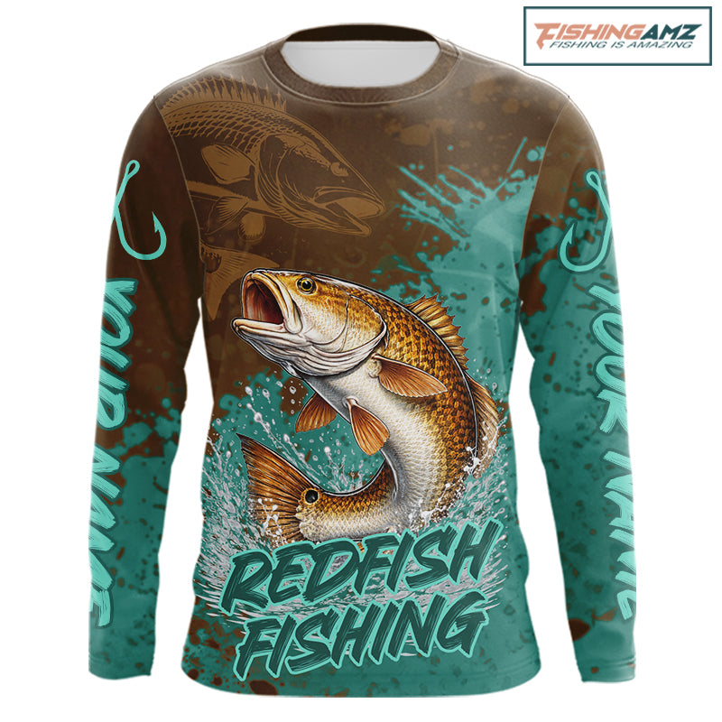 Personalized Redfish Fishing Shirts Long Sleeve Brown Turquoise Camo, Redfish Fishing Shirts For Men NBT396