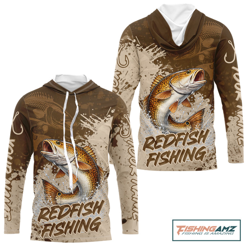 Personalized Redfish Long Sleeve Hooded Fishing Shirts Brown Camo, Redfish Fishing Shirts For Men NBT397